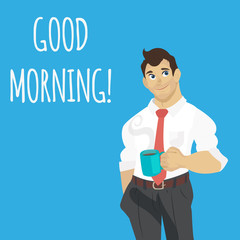 Businessman holding coffee and smiling. Happy Monday morning.