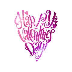 Happy Valentines Day Lettering. Pink Foil Heart Shape. White Background Greeting Card