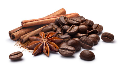 Coffee beans with cinnamon and star anise, paths