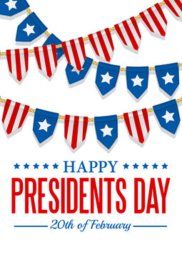 Presidents Day background. USA patriotic template with text, stripes and stars. Vector colorful bunting decoration. Garland, pennants on a rope for american party, festival, celebration, special event