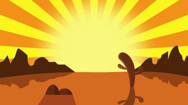 Cartoon Mexican desert background, Cactus plants in desert sunset vector background with space for your logo or text, seamless loop. full hd and 4k.