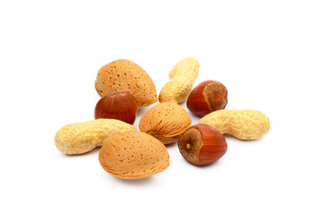 Mixed nuts isolated on white background.