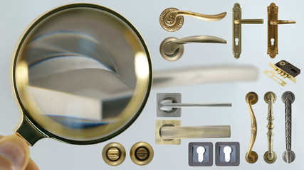 collage of fittings for furniture, locks and door handles. doorknob under the magnifying glass