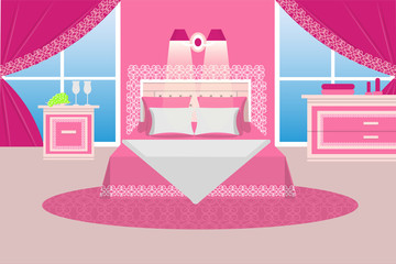 Bedroom vector illustration. Room for girls . Flat style. Furniture in pink color - 134356127