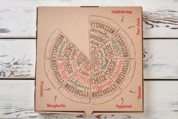 Papier Peint photo Pizzeria Pizza box on wooden background.