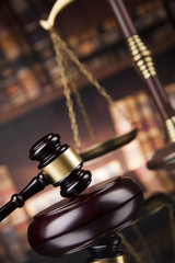 Obraz premium Law books, mallet of the judge, Courtroom background