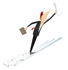 In to the future. Businessman with papers and bag flies ahead on the arrows  
