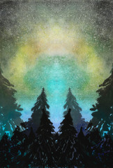 Watercolor landscape with forest on aurora polaris lights background