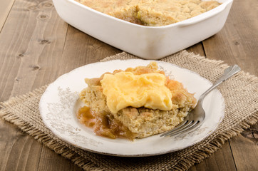typical irish rhubarb crumble cake with custard