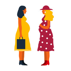 Two pregnant women discuss during their pregnancy. Happy mothers. Pregnancy concept. The joy of motherhood.