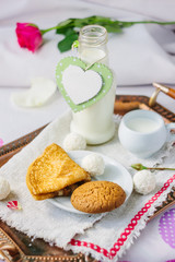 Breakfast in bed on Valentine's day in hotel