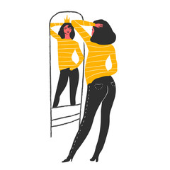Narcissistic woman character looks in the mirror. Vector illustration. Narcissism concept.