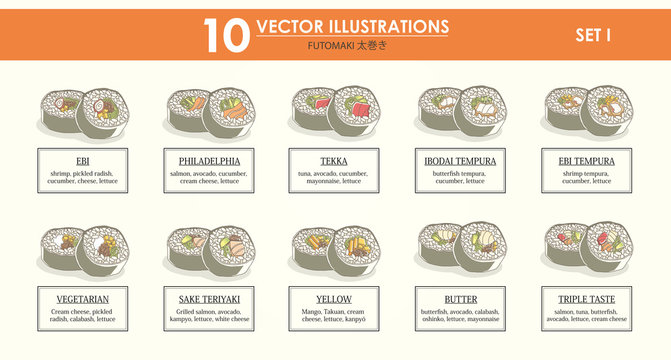 HAND-DRAWN vector illustrations set - japan food - futomaki