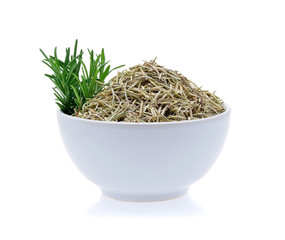 fresh and dried rosemary on white background