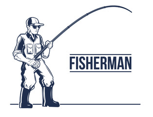 Fishing label emblem with rod and fisherman.