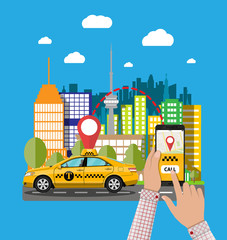 Urban cityscape with cab, phone taxi service app
