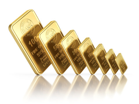 Small gold bars with different sizes on white reflective background