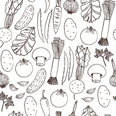 Seamless vector pattern of hand drawn vegetables on white background