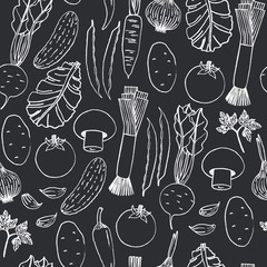 Seamless vector pattern of hand drawn vegetables on black background