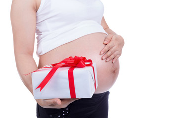 Pregnant woman holding Gift Box.