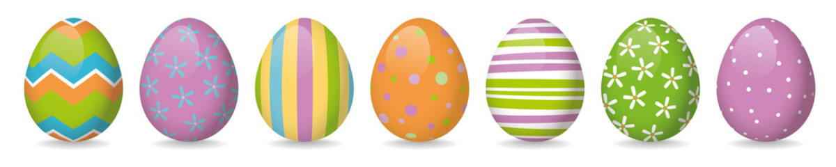 Row of Pastel colored Easter eggs isolated on white banner