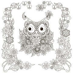 Anti stress stylized owl, flowering frame hand drawn stock vector illustration