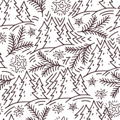 seamless hand-drawn pattern with fir trees and stars