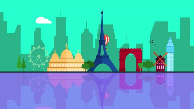 Animation of Paris detailed Skyline. colorful cartoon Paris Background loop full hd and 4k with space for your text or logo.
