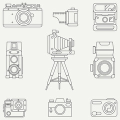 Line flat vector icon set with retro analog film cameras. Photography and art. Reflex 35mm photocamera. Cartoon style. Illustration and element for your design. Photographic lens. Simple. Monochrome.