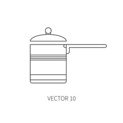Line flat vector kitchenware icons - pan, pot. Cutlery tools. Cartoon style. Illustration and element for your design. Equipment for food preparation. Kitchen. Household. Cooking. Cook. Stove.