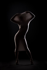 silhouette of woman through  textile in dark studio