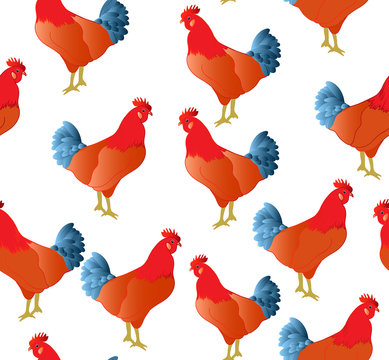 Happy New Year vector seamless pattern with colorful roosters, symbol of 2017 year