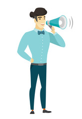 Fototapeta premium Asian businessman talking into loudspeaker.