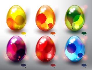 Set of 6 color Easter Eggs. Design elements for holiday cards. Easter collection. Colorful, glossy and isolated with realistic light and shadow on the light panel. Vector illustration. Eps10.