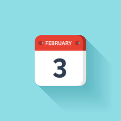February 3. Isometric Calendar Icon With Shadow.Vector Illustration,Flat Style.Month and Date.Sunday,Monday,Tuesday,Wednesday,Thursday,Friday,Saturday.Week,Weekend,Red Letter Day. Holidays 2017.