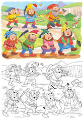 Snow White and the seven dwarfs. Fairy tale. Coloring page. Illustration for children 