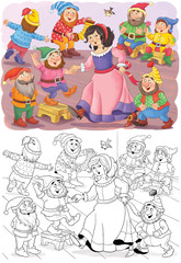 Obraz na płótnie Canvas Snow White and the seven dwarfs. Fairy tale. Coloring page. Illustration for children 