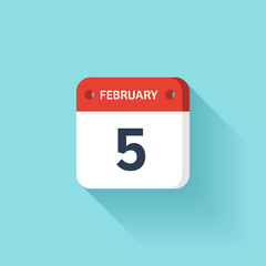 February 5. Isometric Calendar Icon With Shadow.Vector Illustration,Flat Style.Month and Date.Sunday,Monday,Tuesday,Wednesday,Thursday,Friday,Saturday.Week,Weekend,Red Letter Day. Holidays 2017.