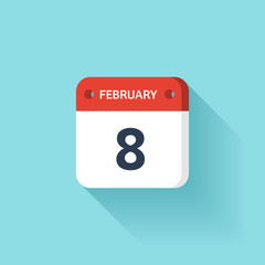 February 8. Isometric Calendar Icon With Shadow.Vector Illustration,Flat Style.Month and Date.Sunday,Monday,Tuesday,Wednesday,Thursday,Friday,Saturday.Week,Weekend,Red Letter Day. Holidays 2017.