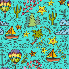 seamless pattern with cactus, palm trees, ship anchor