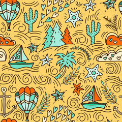 seamless pattern with cactus, palm trees, ship anchor