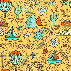 seamless pattern with cactus, palm trees, ship anchor