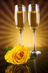 Champagne with Valentines day background and roses, mirror backg