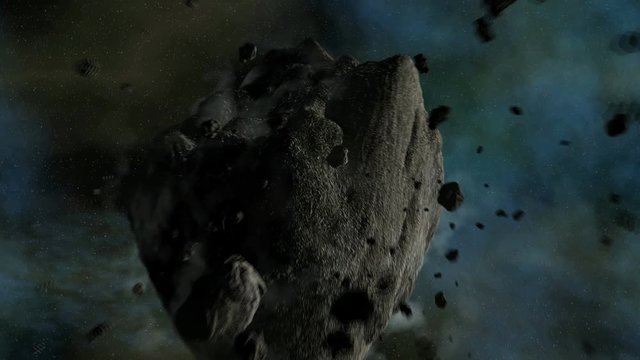 Asteroid traveling in space with camera crossing near it in 4k quality 3d animation