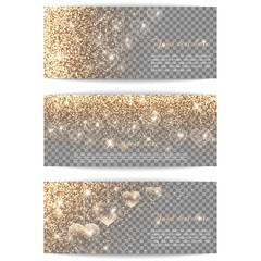 Set of horizontal banners with hearts. Glitter gold background with light effect. Brilliant pattern on a transparent backdrop.
