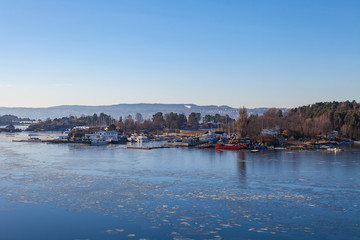 Fototapeta na wymiar Island with cabins and marina. Oslo fjord.