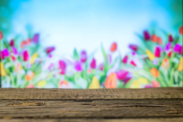 Wooden boards on spring background