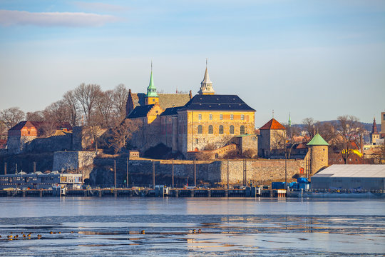 Oslo, Akershus fort, Norway. Frostly winter view.