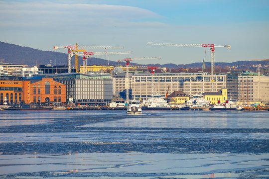 View of the Aker Brygge, modern part of Oslo. Marina and buildings.