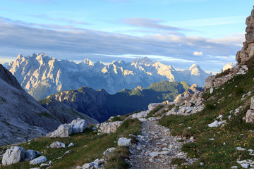 Obraz premium Footpath and Sexten Dolomites mountain panorama in South Tyrol, Italy